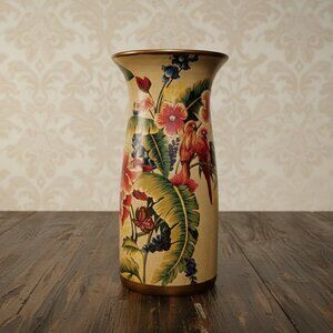 Vintage Tropical Floral Ceramic Vase Parrot Bird Hibiscus Y2K Antique Decor 10.5
